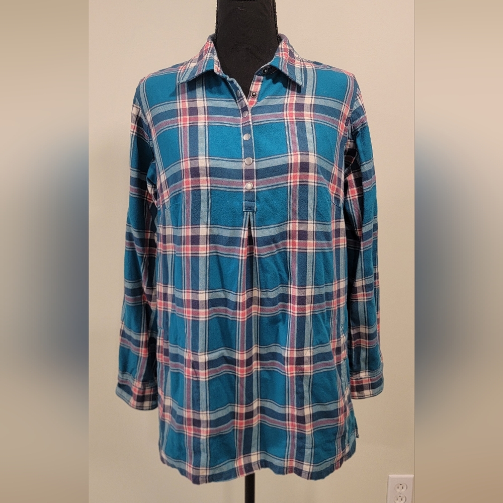 Duluth Trading Co Teal Plaid Casual Button Down Shirt Women's Size Small